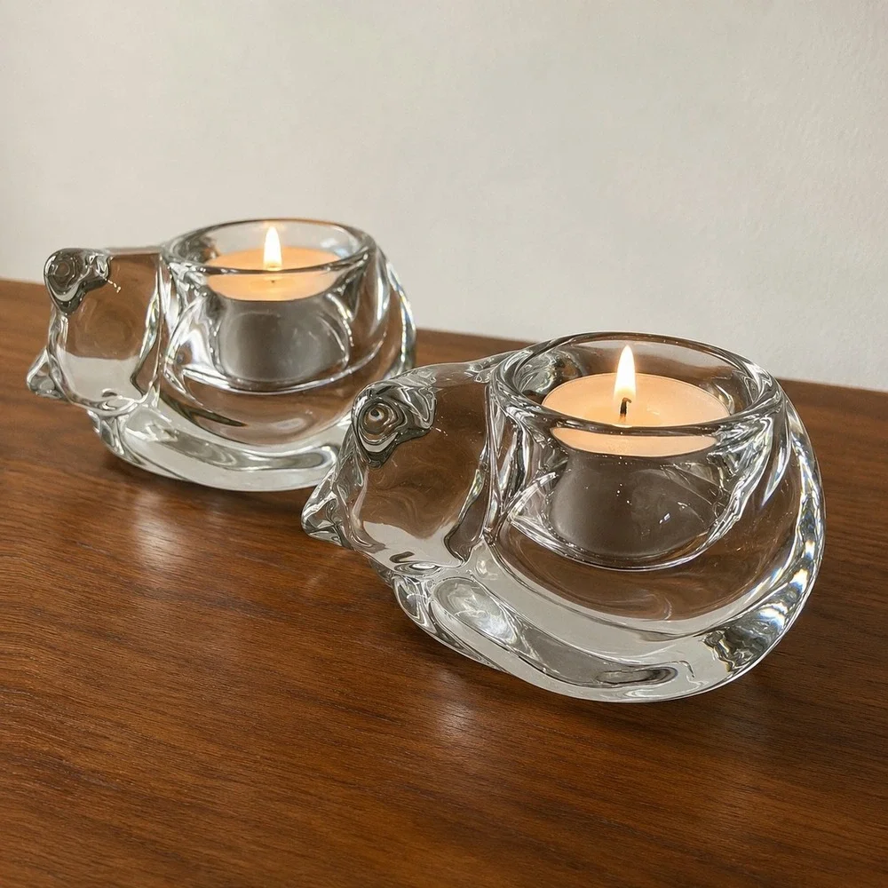 Vintage Indiana Glass Clear Cat Votive Candle Holders Pair
